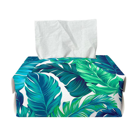 Teal Tropical Leaf Pattern Print Rectangle Tissue Box Cover