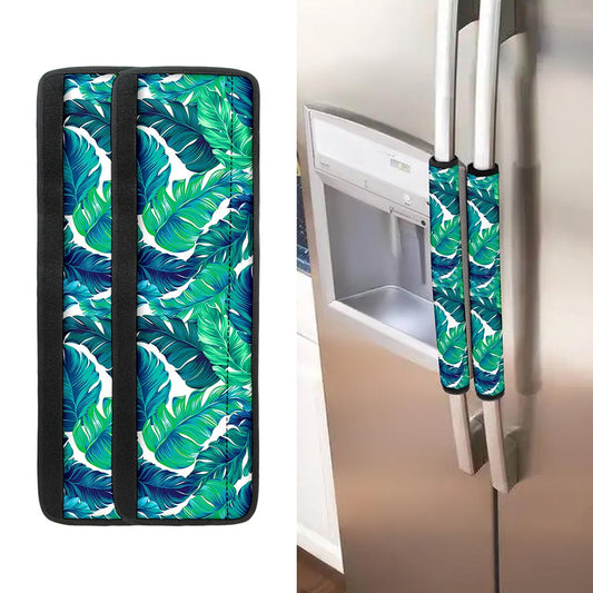 Teal Tropical Leaf Pattern Print Refrigerator Handle Covers