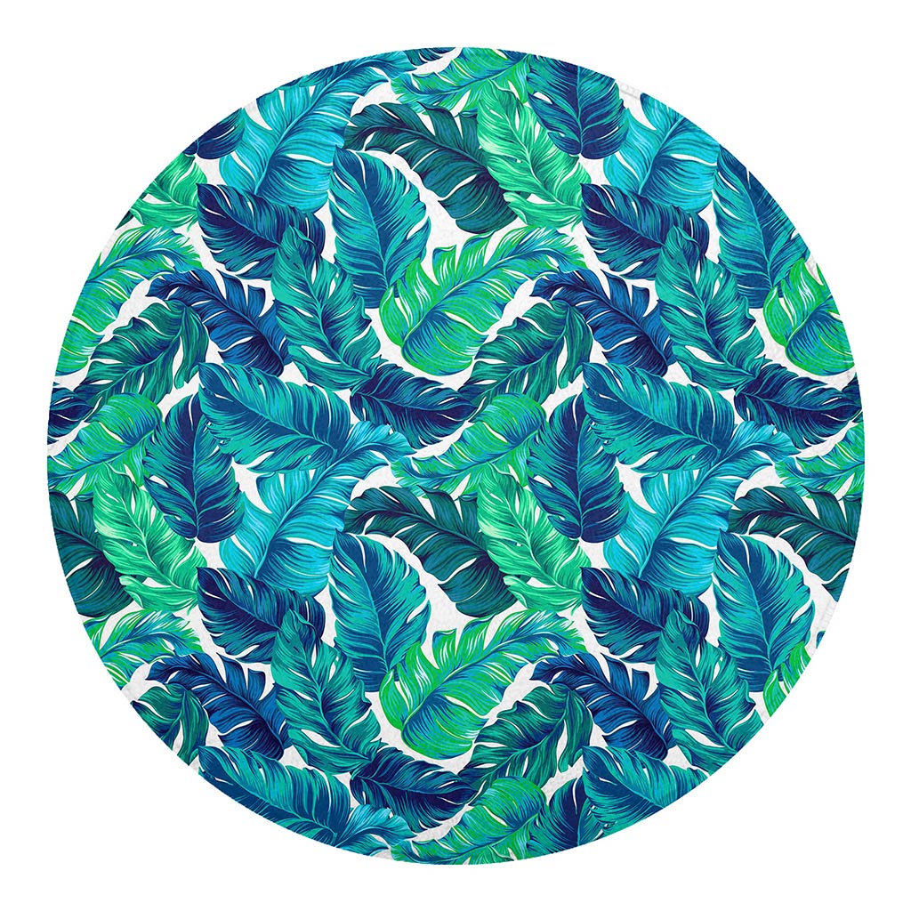 Teal Tropical Leaf Pattern Print Round Blanket
