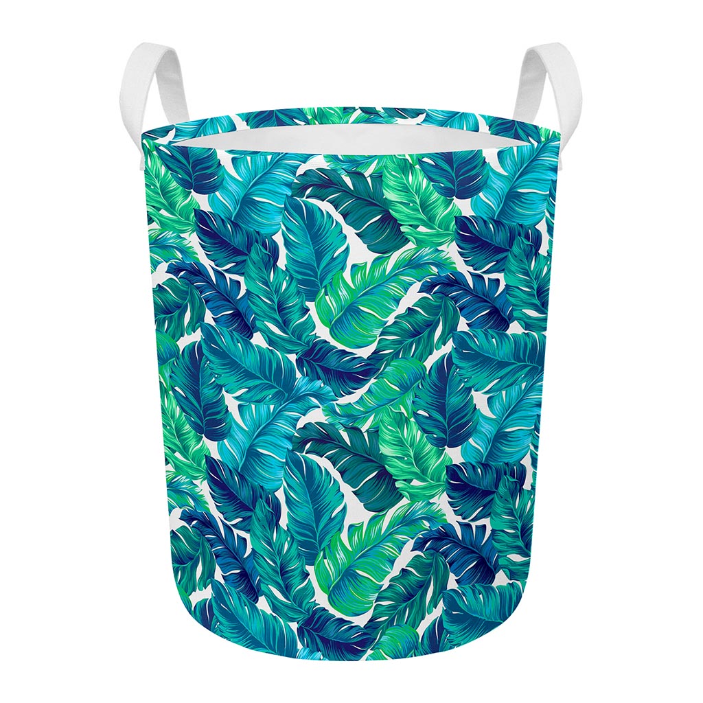 Teal Tropical Leaf Pattern Print Round Laundry Basket