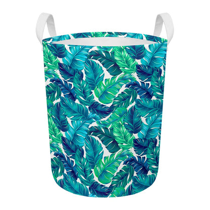 Teal Tropical Leaf Pattern Print Round Laundry Basket