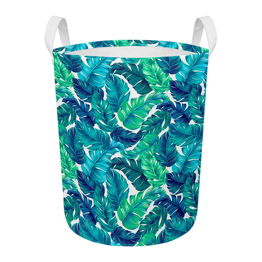 Teal Tropical Leaf Pattern Print Round Laundry Basket