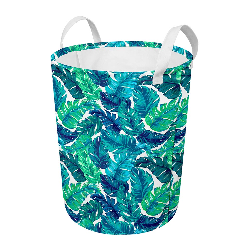Teal Tropical Leaf Pattern Print Round Laundry Basket