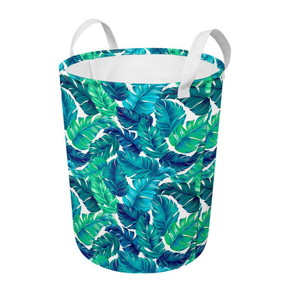Teal Tropical Leaf Pattern Print Round Laundry Basket