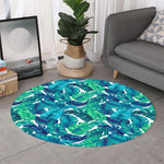 Teal Tropical Leaf Pattern Print Round Rug