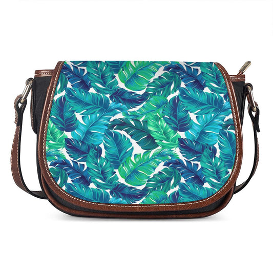 Teal Tropical Leaf Pattern Print Saddle Bag
