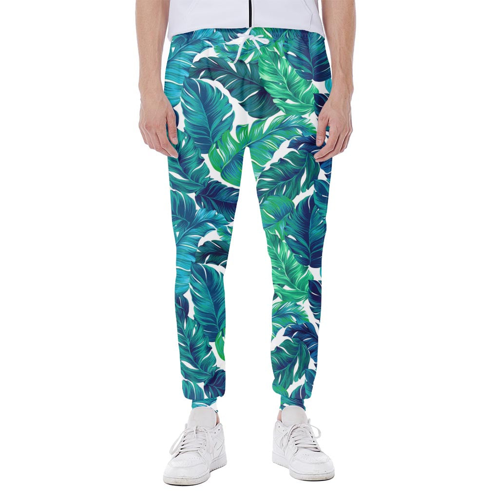 Teal Tropical Leaf Pattern Print Scuba Joggers