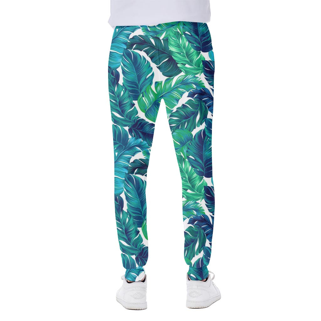 Teal Tropical Leaf Pattern Print Scuba Joggers