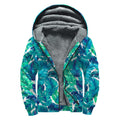 Teal Tropical Leaf Pattern Print Sherpa Lined Zip Up Hoodie