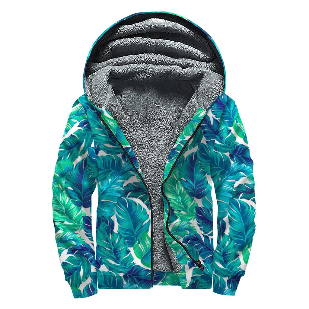 Teal Tropical Leaf Pattern Print Sherpa Lined Zip Up Hoodie