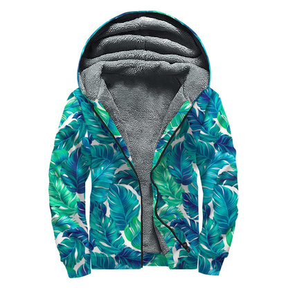 Teal Tropical Leaf Pattern Print Sherpa Lined Zip Up Hoodie