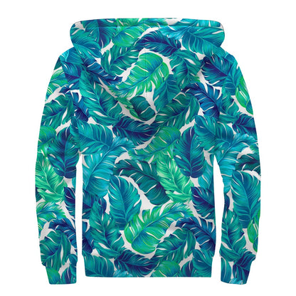 Teal Tropical Leaf Pattern Print Sherpa Lined Zip Up Hoodie