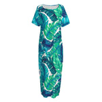 Teal Tropical Leaf Pattern Print Short Sleeve Long Nightdress
