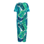 Teal Tropical Leaf Pattern Print Short Sleeve Long Nightdress