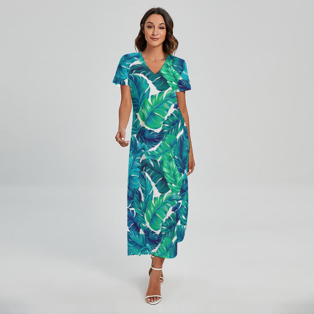 Teal Tropical Leaf Pattern Print Short Sleeve Maxi Dress