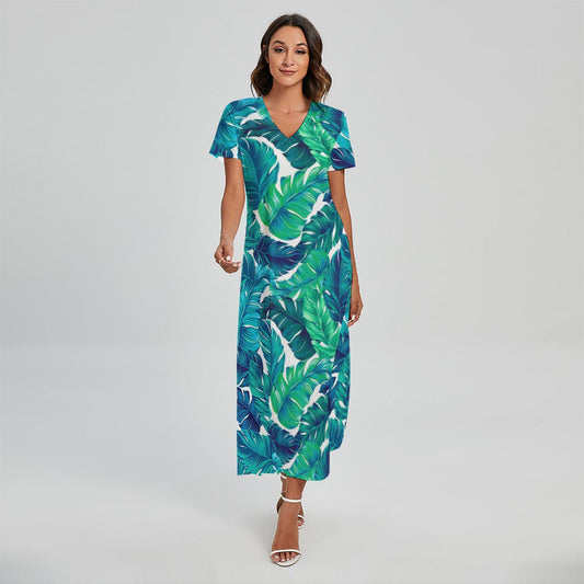 Teal Tropical Leaf Pattern Print Short Sleeve Maxi Dress