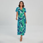 Teal Tropical Leaf Pattern Print Short Sleeve Maxi Dress