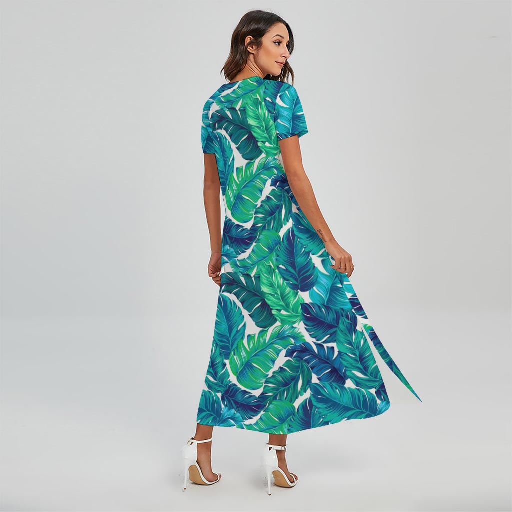 Teal Tropical Leaf Pattern Print Short Sleeve Maxi Dress
