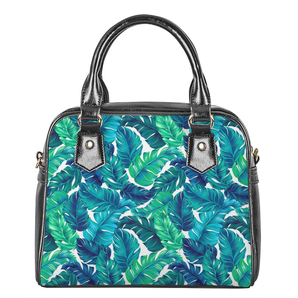 Teal Tropical Leaf Pattern Print Shoulder Handbag
