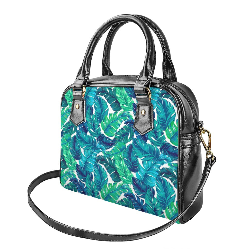 Teal Tropical Leaf Pattern Print Shoulder Handbag