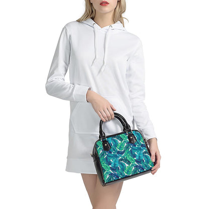 Teal Tropical Leaf Pattern Print Shoulder Handbag