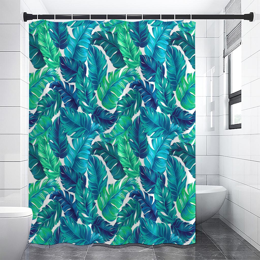 Teal Tropical Leaf Pattern Print Shower Curtain