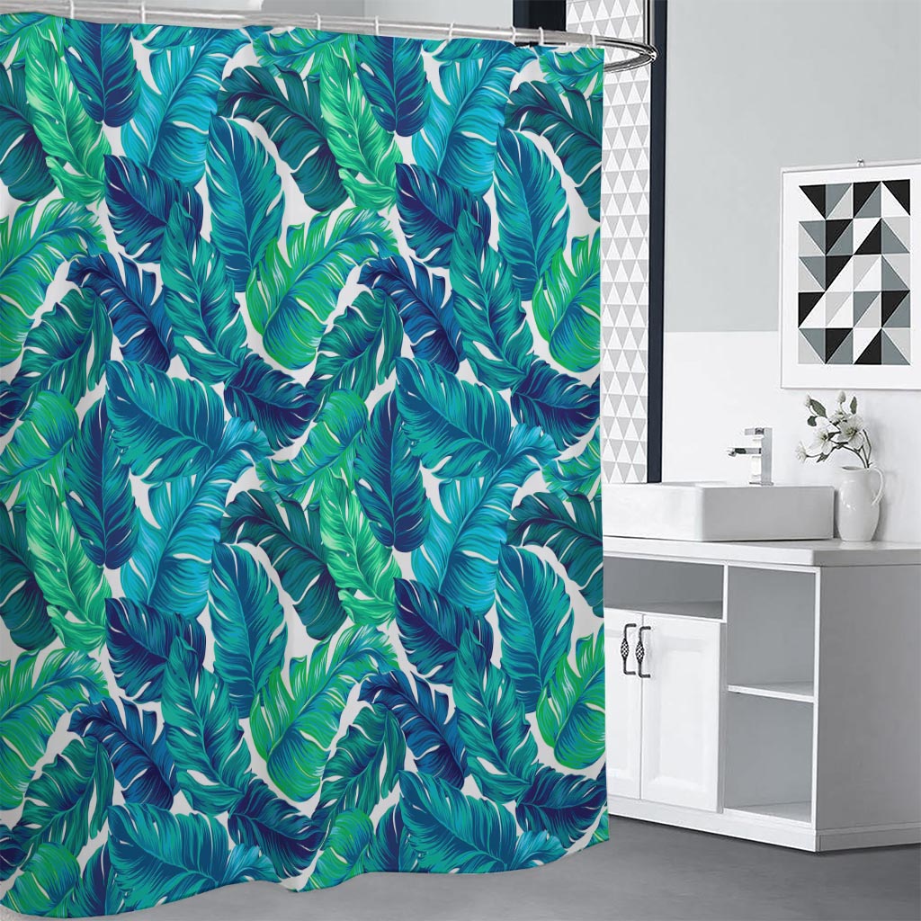 Teal Tropical Leaf Pattern Print Shower Curtain