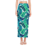 Teal Tropical Leaf Pattern Print Side Slit Maxi Skirt