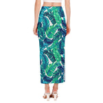 Teal Tropical Leaf Pattern Print Side Slit Maxi Skirt