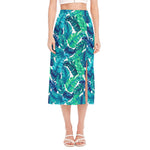 Teal Tropical Leaf Pattern Print Side Slit Midi Skirt