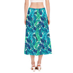Teal Tropical Leaf Pattern Print Side Slit Midi Skirt