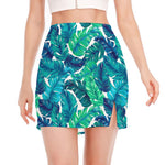 Teal Tropical Leaf Pattern Print Side Slit Mini Skirt