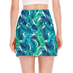Teal Tropical Leaf Pattern Print Side Slit Mini Skirt