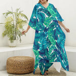 Teal Tropical Leaf Pattern Print Silk V-Neck Kaftan Dress