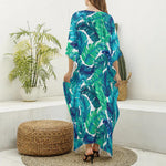 Teal Tropical Leaf Pattern Print Silk V-Neck Kaftan Dress