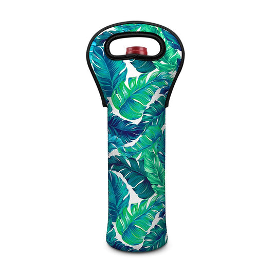 Teal Tropical Leaf Pattern Print Single Neoprene Wine Tote