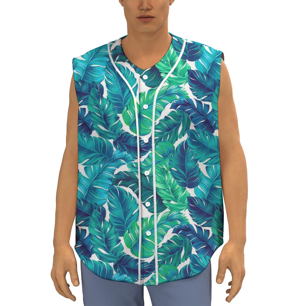 Teal Tropical Leaf Pattern Print Sleeveless Baseball Jersey