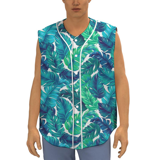 Teal Tropical Leaf Pattern Print Sleeveless Baseball Jersey
