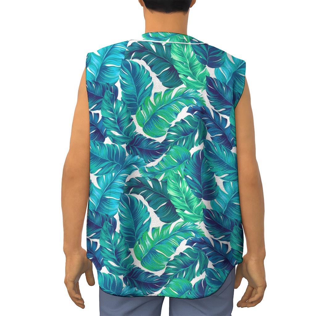 Teal Tropical Leaf Pattern Print Sleeveless Baseball Jersey