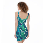 Teal Tropical Leaf Pattern Print Sleeveless Bodycon Dress