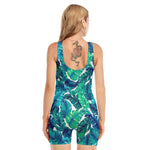 Teal Tropical Leaf Pattern Print Sleeveless One Piece Swimsuit