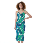 Teal Tropical Leaf Pattern Print Slim Fit Midi Cami Dress