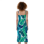 Teal Tropical Leaf Pattern Print Slim Fit Midi Cami Dress
