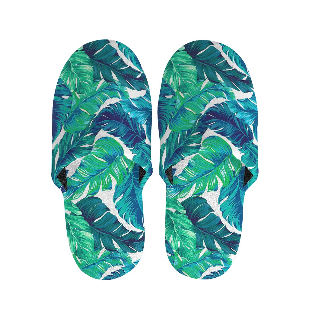Teal Tropical Leaf Pattern Print Slippers