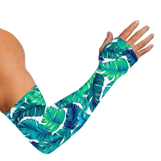 Teal Tropical Leaf Pattern Print Sun Protection Arm Sleeves