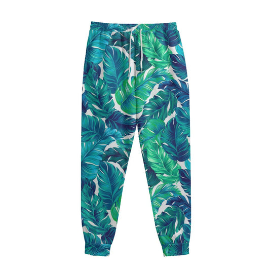 Teal Tropical Leaf Pattern Print Sweatpants