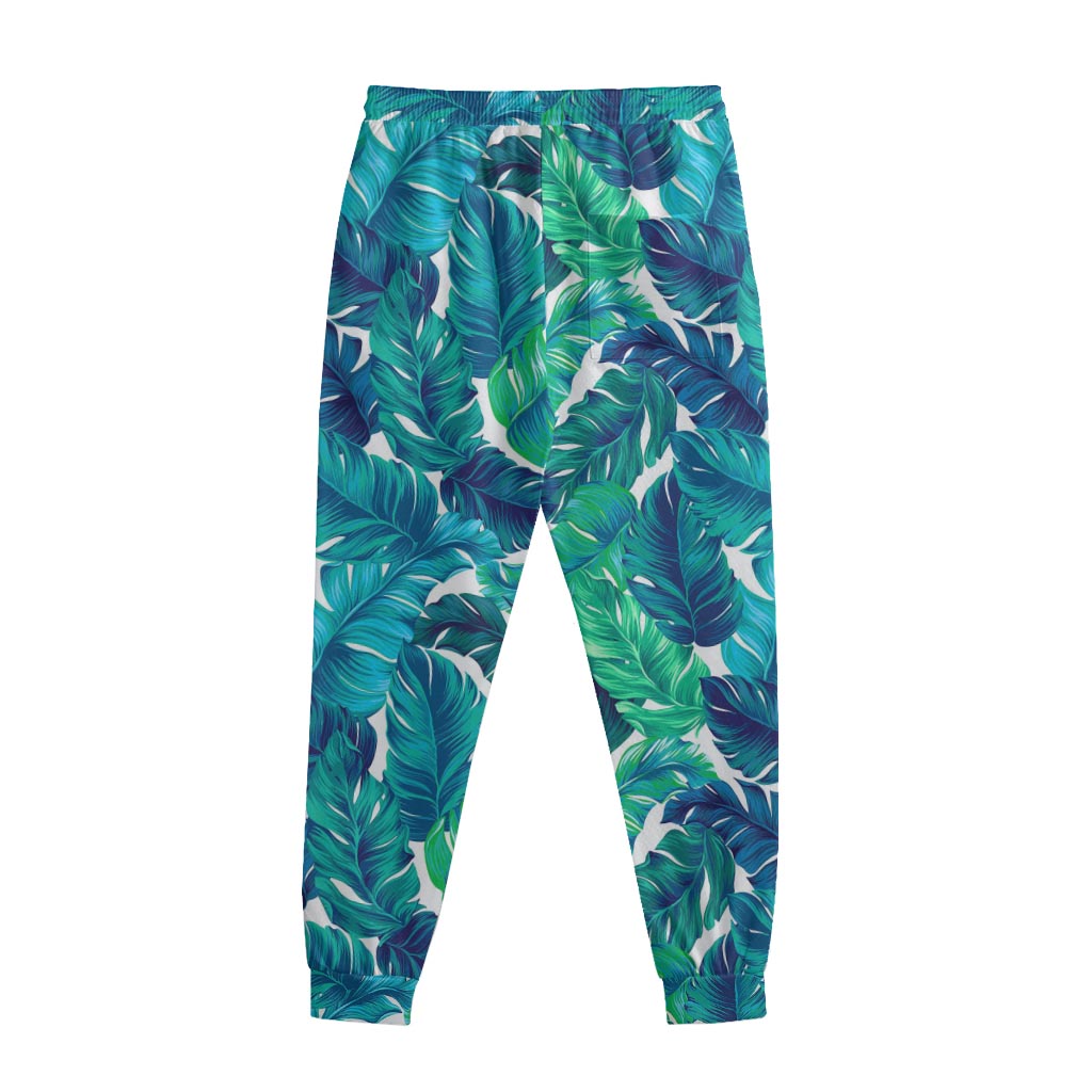 Teal Tropical Leaf Pattern Print Sweatpants