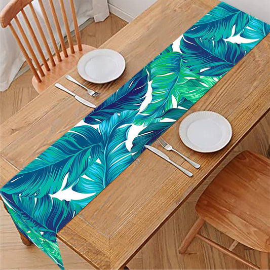 Teal Tropical Leaf Pattern Print Table Runner