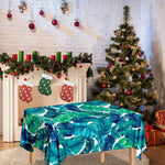 Teal Tropical Leaf Pattern Print Tablecloth