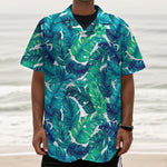 Teal Tropical Leaf Pattern Print Textured Short Sleeve Shirt